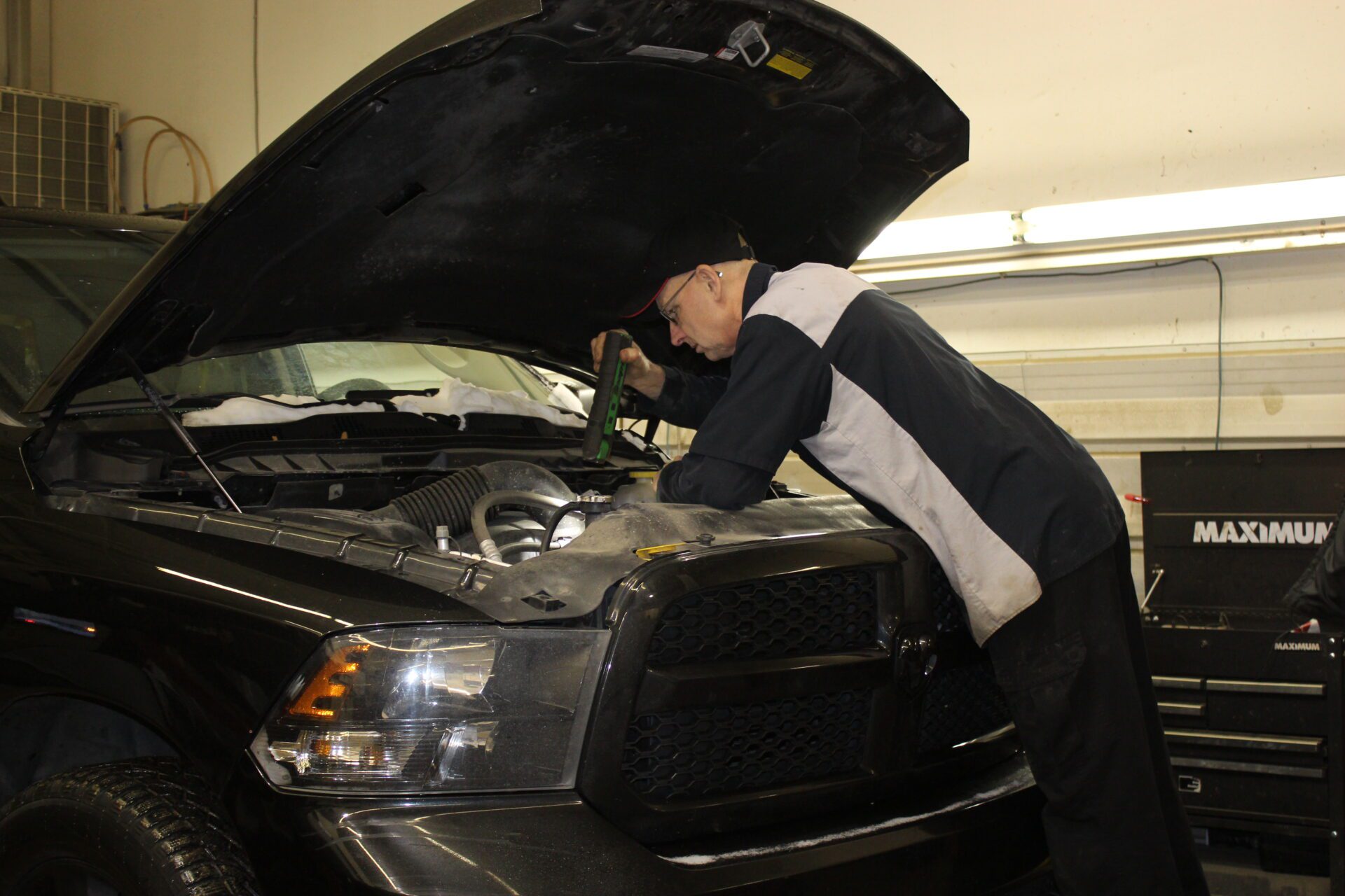 Investigating an engine on a Ford pickup truck